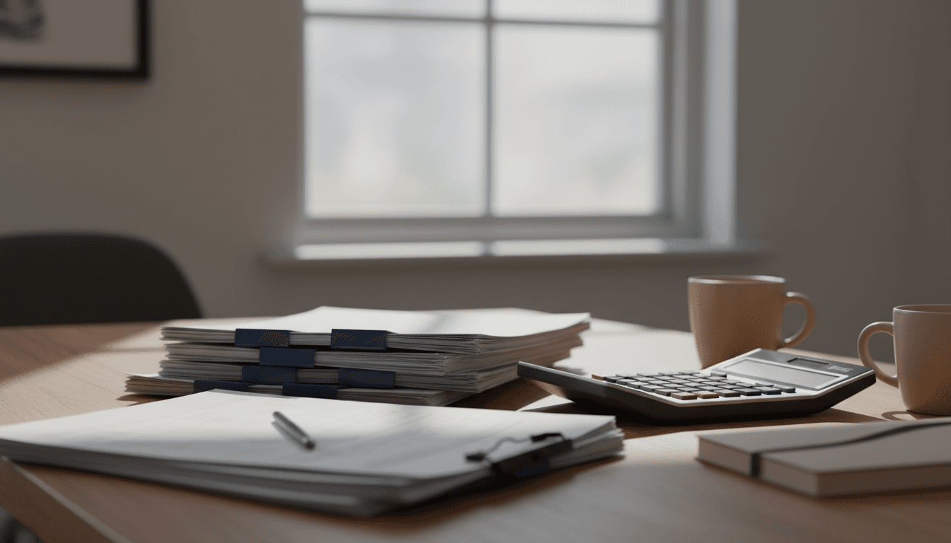 Professional accounting desk with organized financial documents and calculator