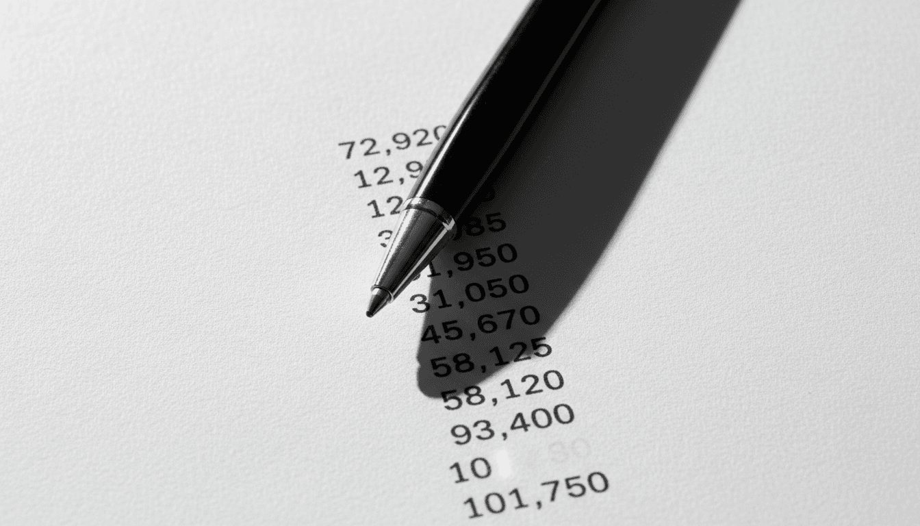 A black pen resting on a page of financial numbers