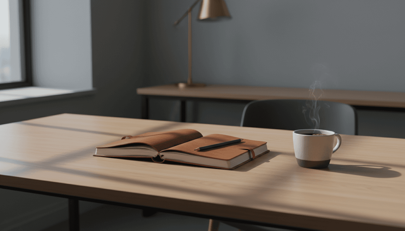 A simple wooden desk with a notebook and pencil, coffee cup, and soft natural light in a quiet office setting
