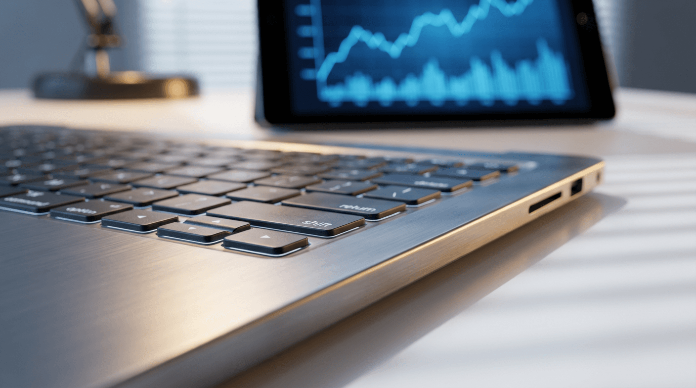 Laptop keyboard with analytics tablet in soft studio light, blue glow from digital metrics, warm desk lamp casting shadows